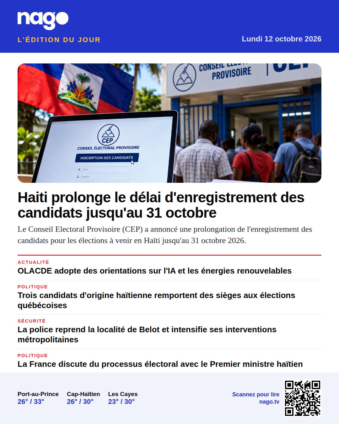 Haiti prolonge le délai d'enregistrement des candidats jusqu'au 31 octobre